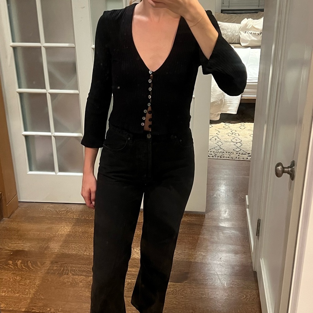 Reformation Black Ribbed Button-Up Blouse - Picture 1 of 5